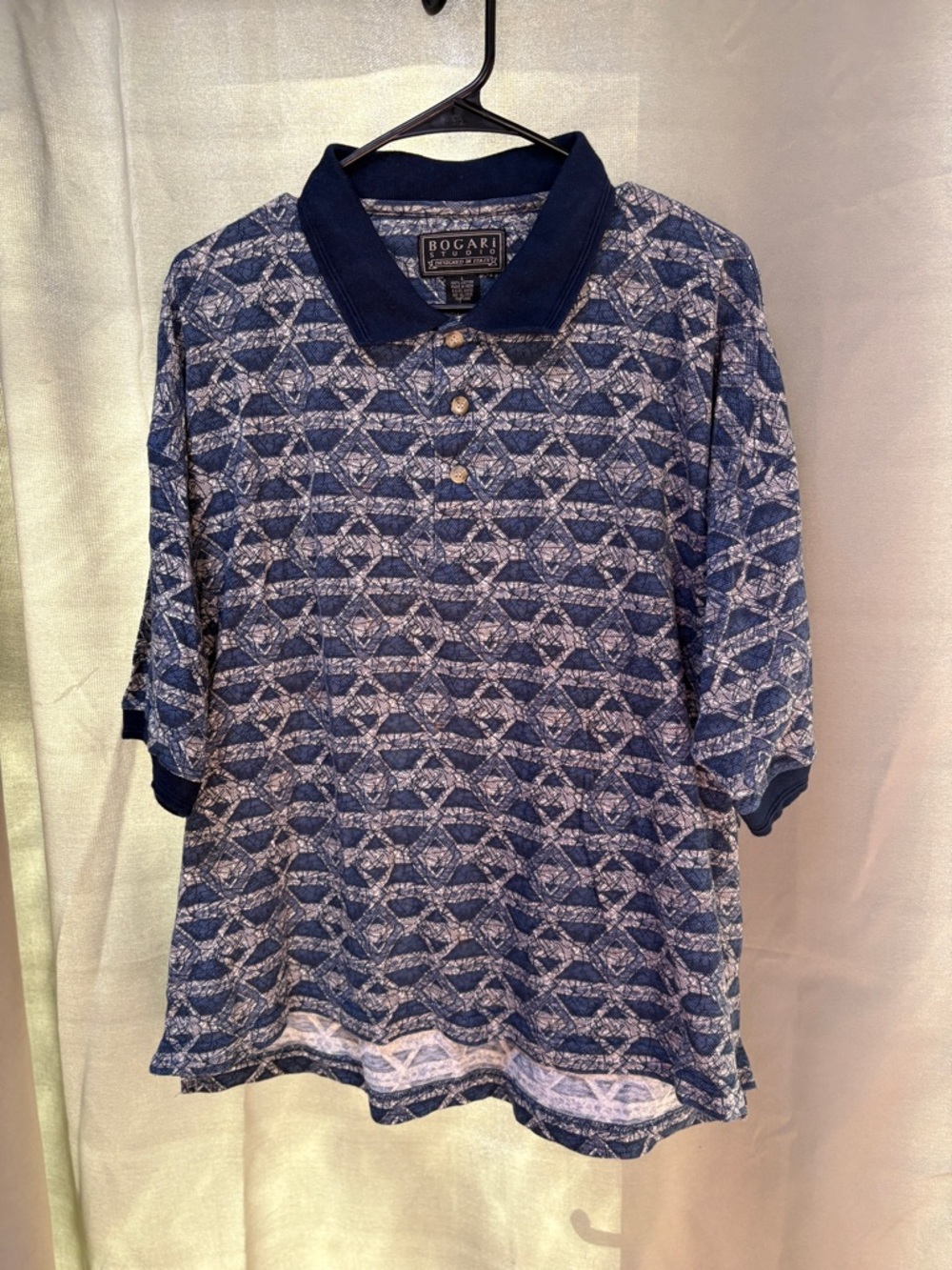 Vintage Pattern Polo Shirt Blue Geometric Print 90s Retro Size L